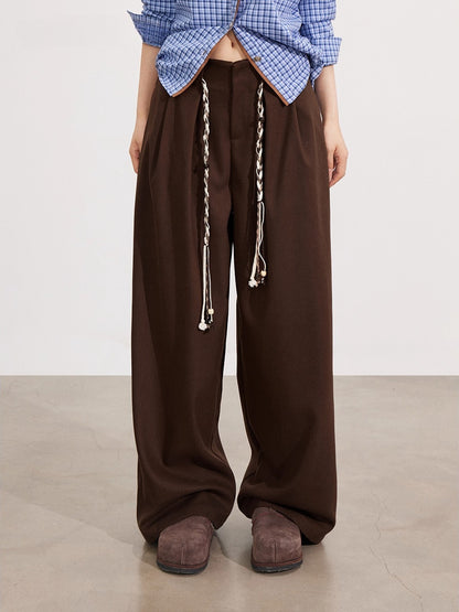 Black &amp; Brown Belted Wool Wide-Leg Pants