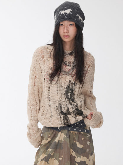 Icelandic Animal Jacquard Cutout Knit Sweater