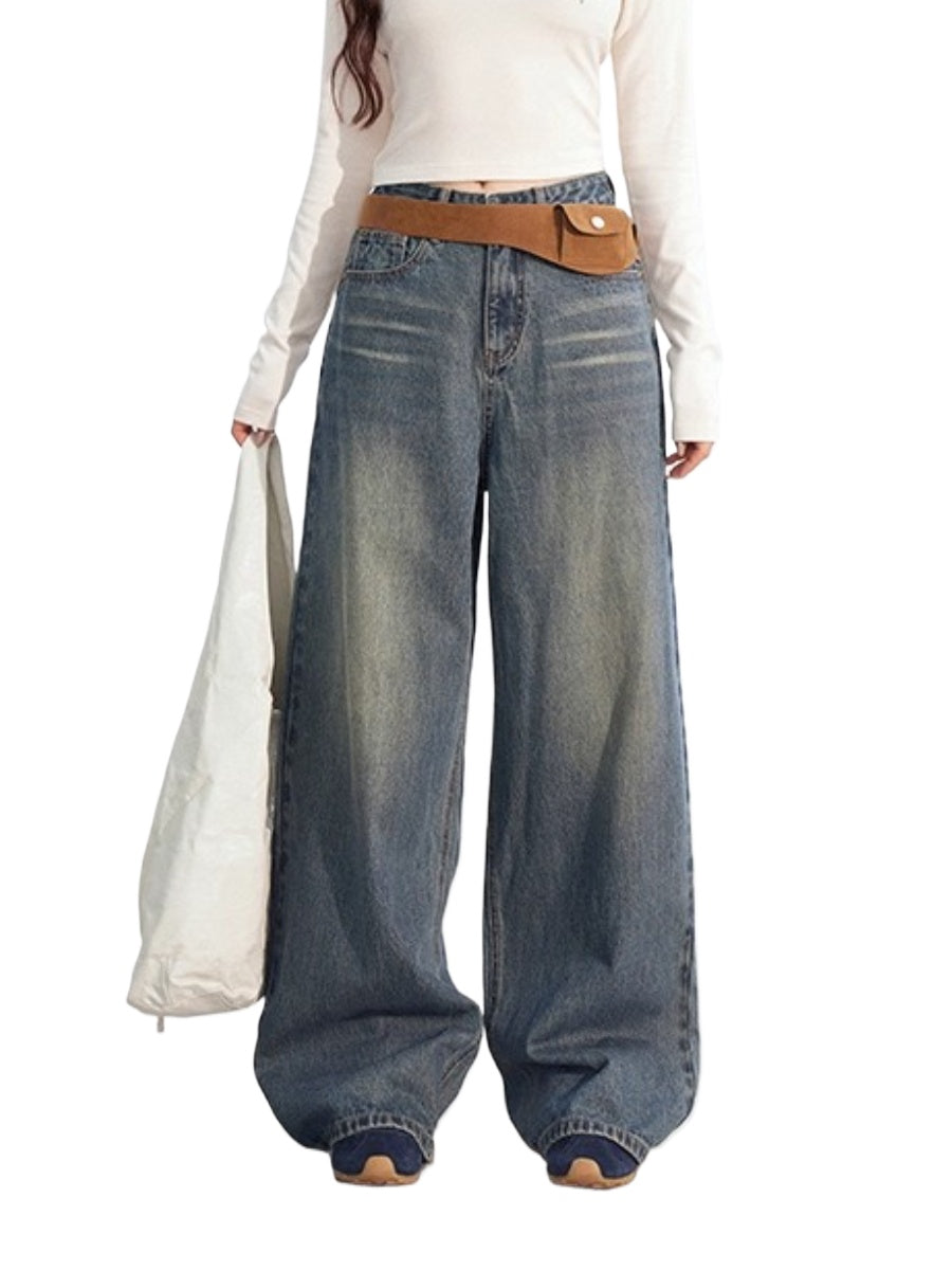 Leather-Patch Wide-Leg Denim Pants