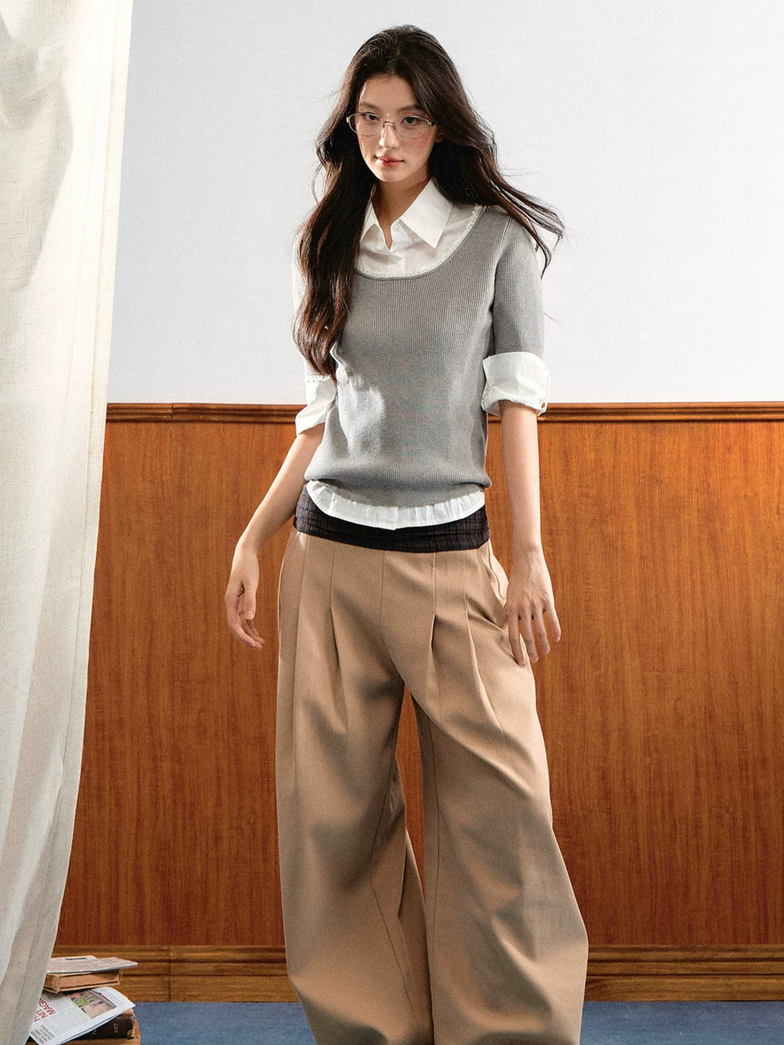 Contrast Waist Wide-Leg Trousers