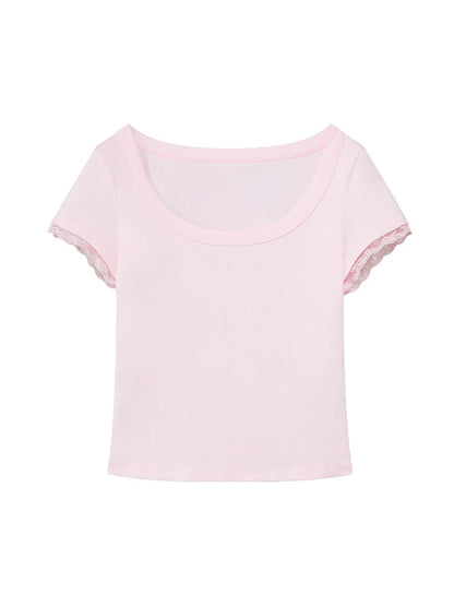 Lace Trim U-neck Tee