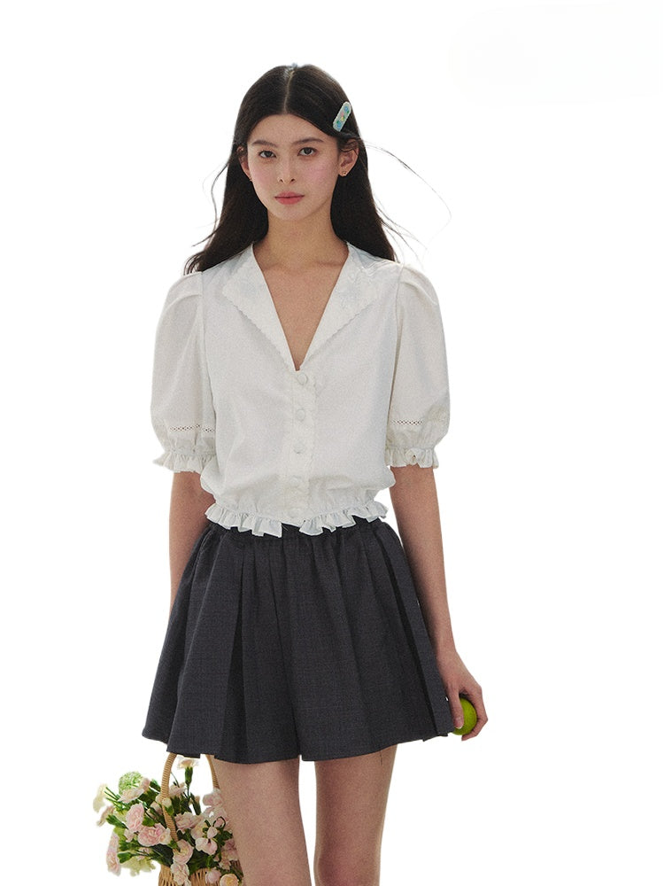 French-style V-neck Embroidered Shirt