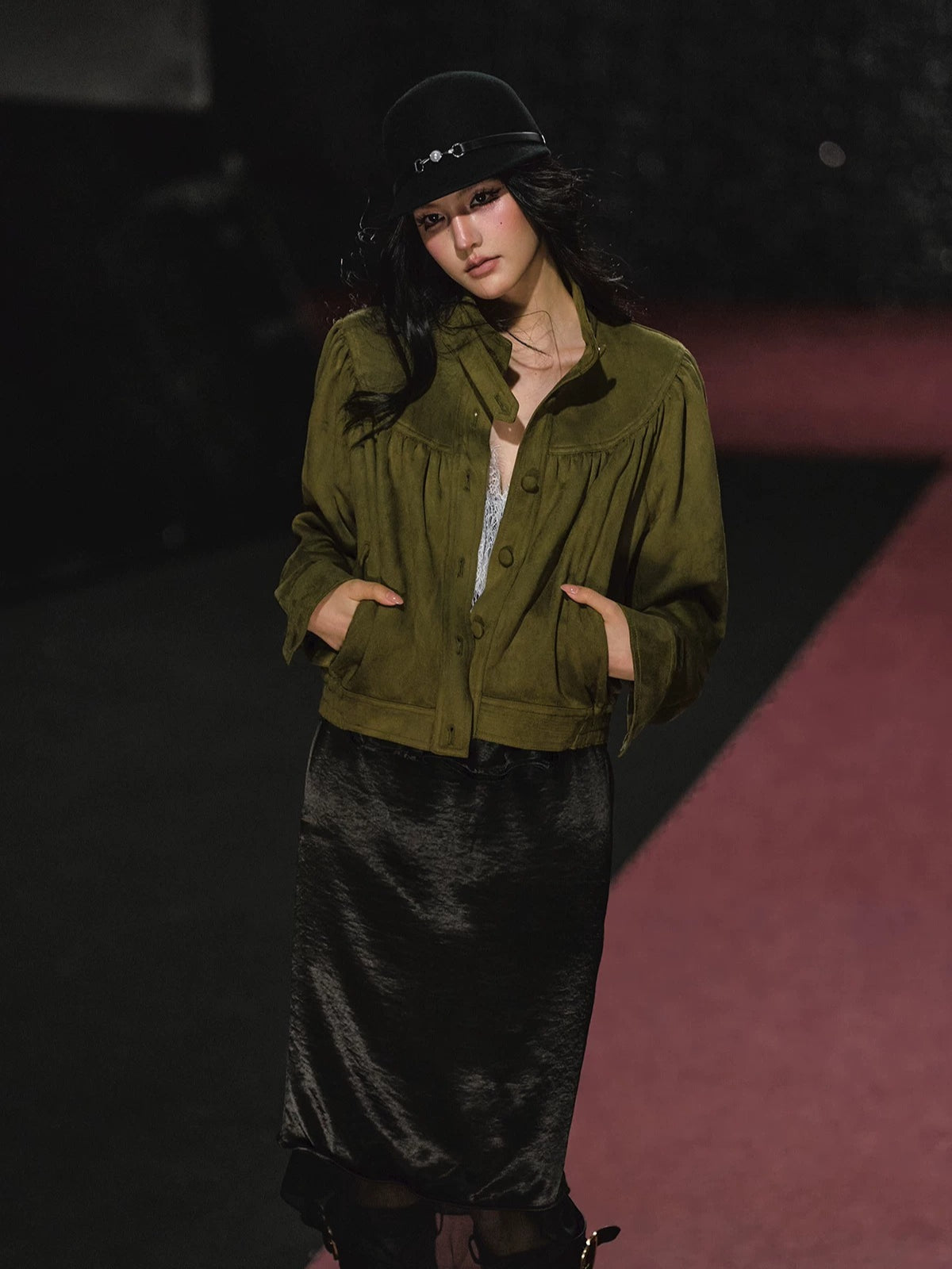 Ruched Stand Collar Faux Suede Jacket
