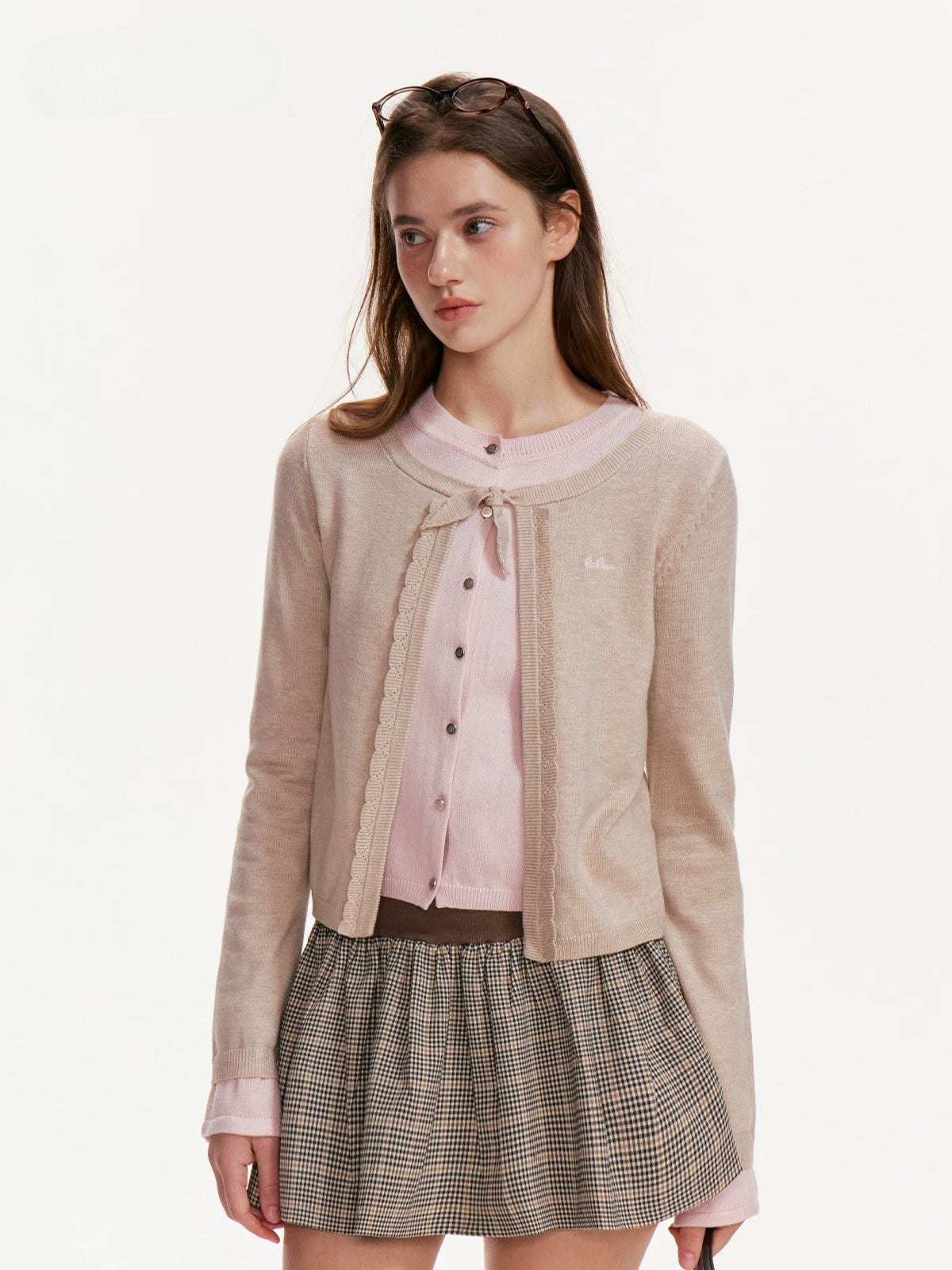 Contrast Layered Bow Knit Cardigan