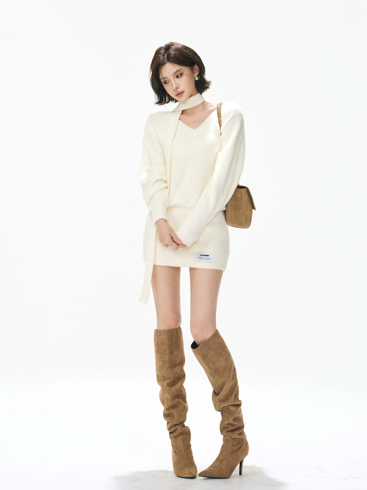 Convertible V Neck Fuzzy Knit Sweater