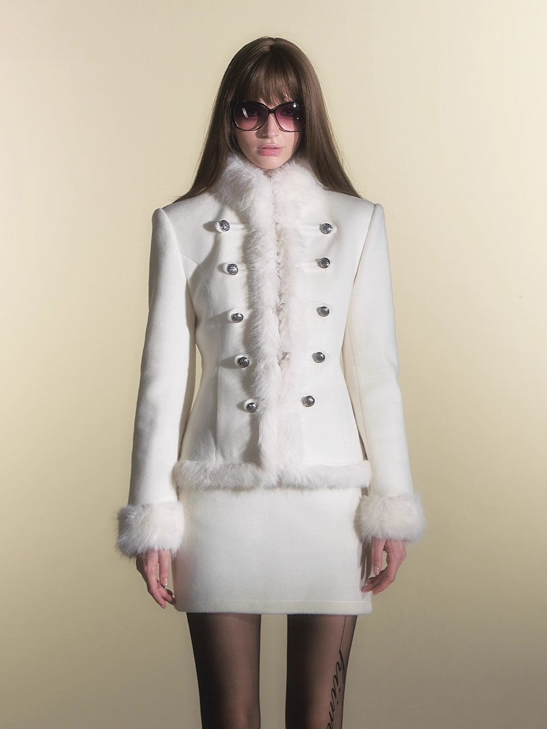 Faux Fur Double-Breasted Waist-Coated Jacket &amp; Skirt Set