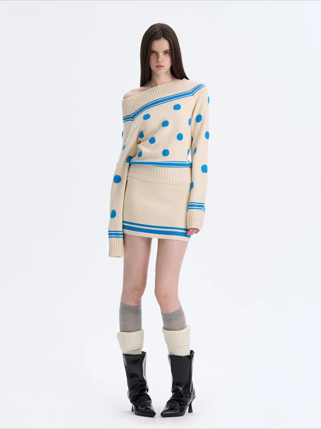 Color-block Striped Polka Dot Knit Dress