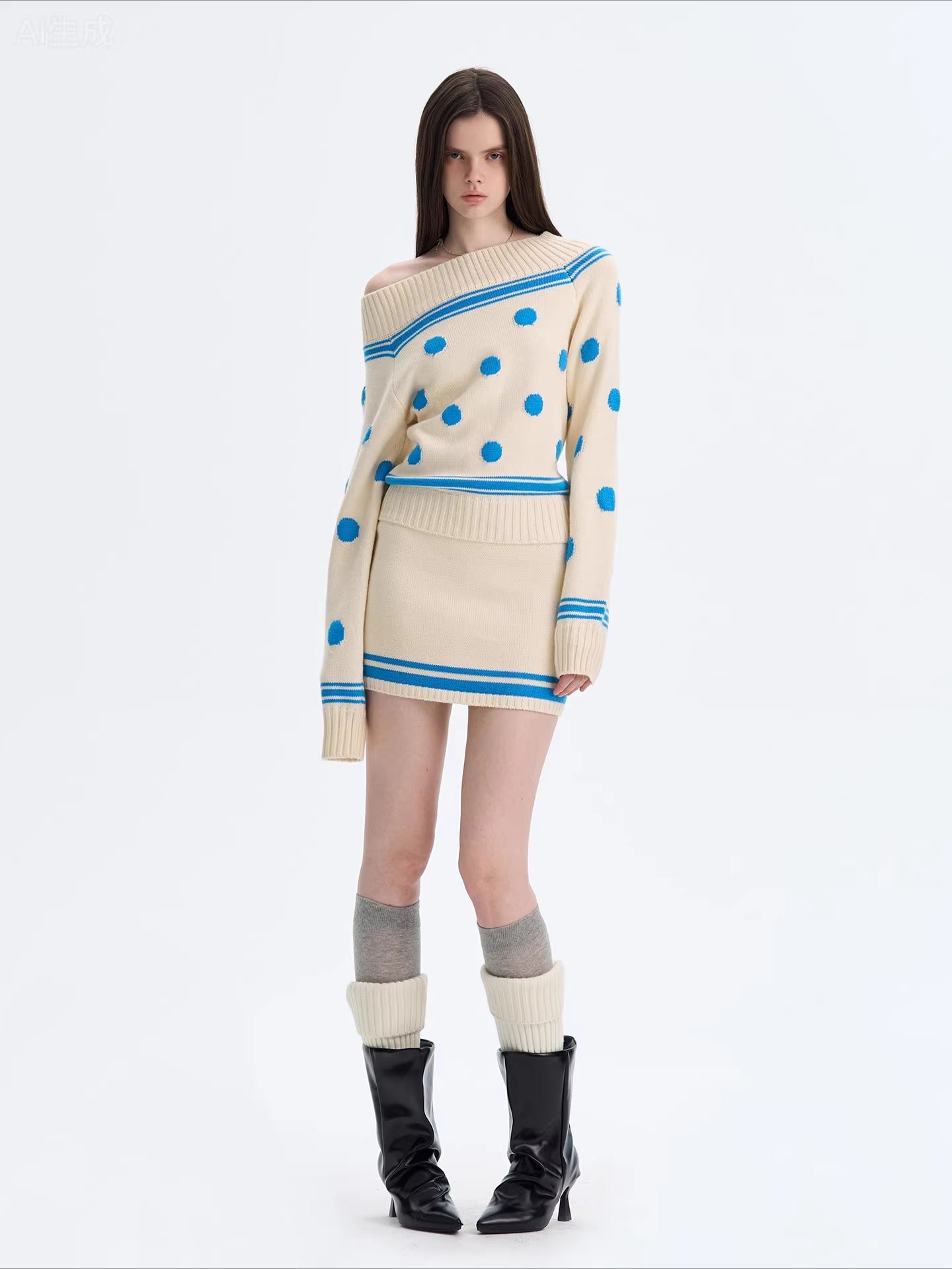 Color-block Striped Polka Dot Knit Dress