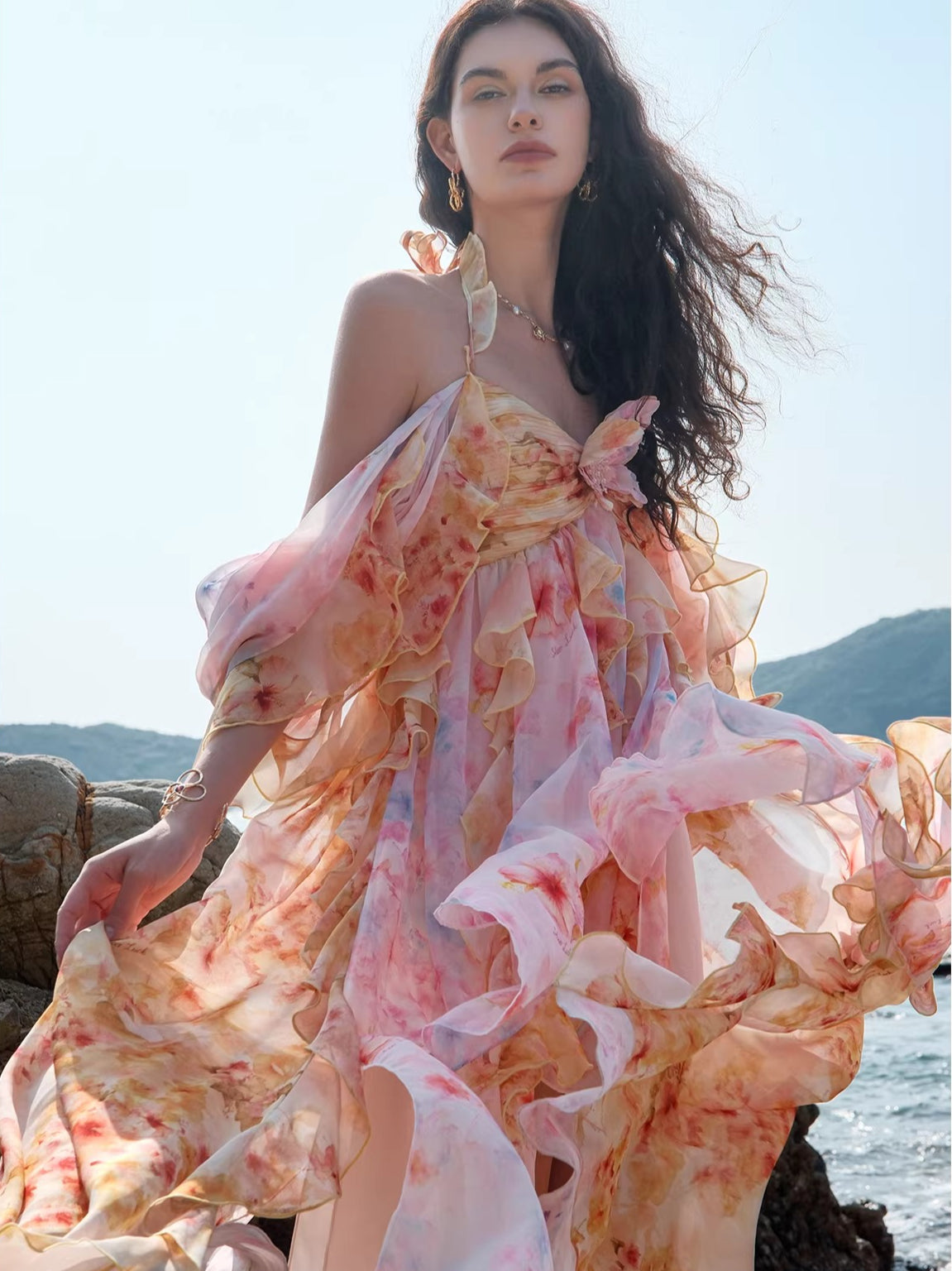 Guggi Printed Chiffon Halter Dress