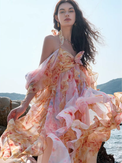 Guggi Printed Chiffon Halter Dress