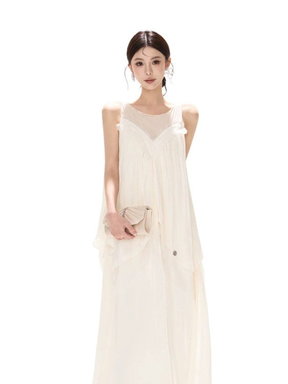 Mesh Panel Ruffle Maxi Dress