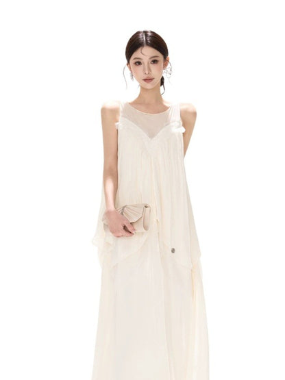 Mesh Panel Ruffle Maxi Dress