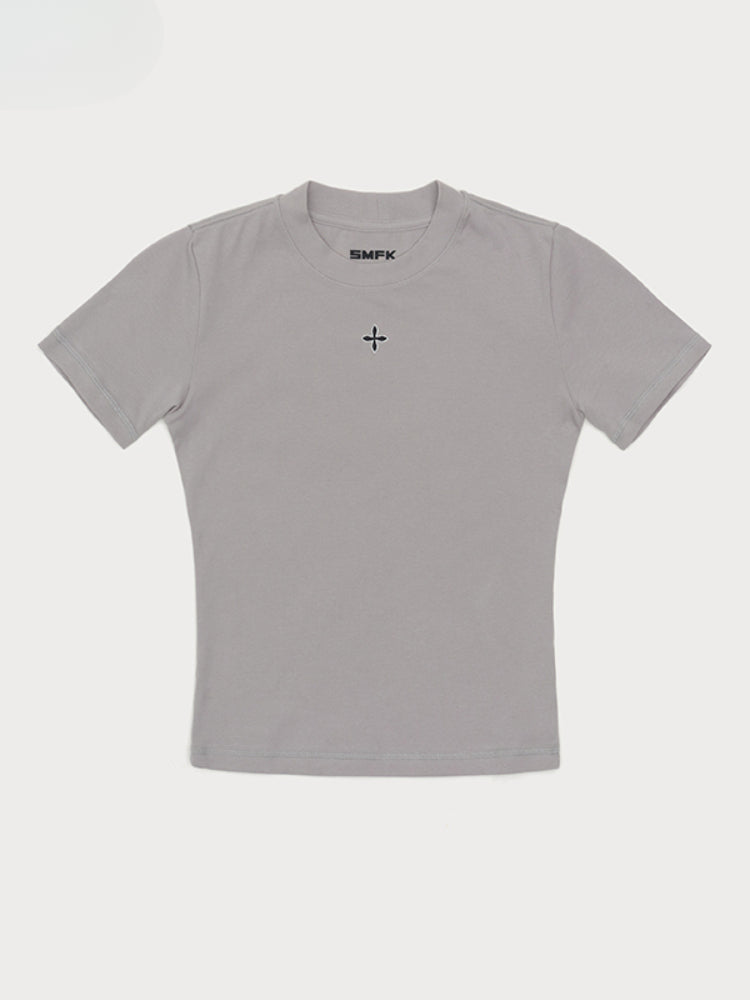 Waist-Cinching Embroidered Round-Neck T-Shirt