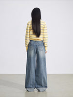 Blue Embroidered Cuff Wide Jeans