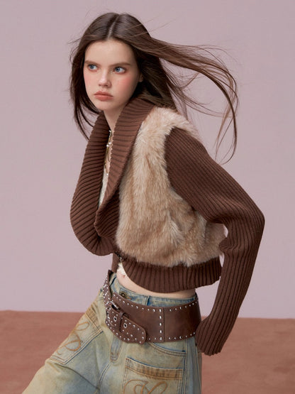 Faux Fur Panel Knitted Short Jacket