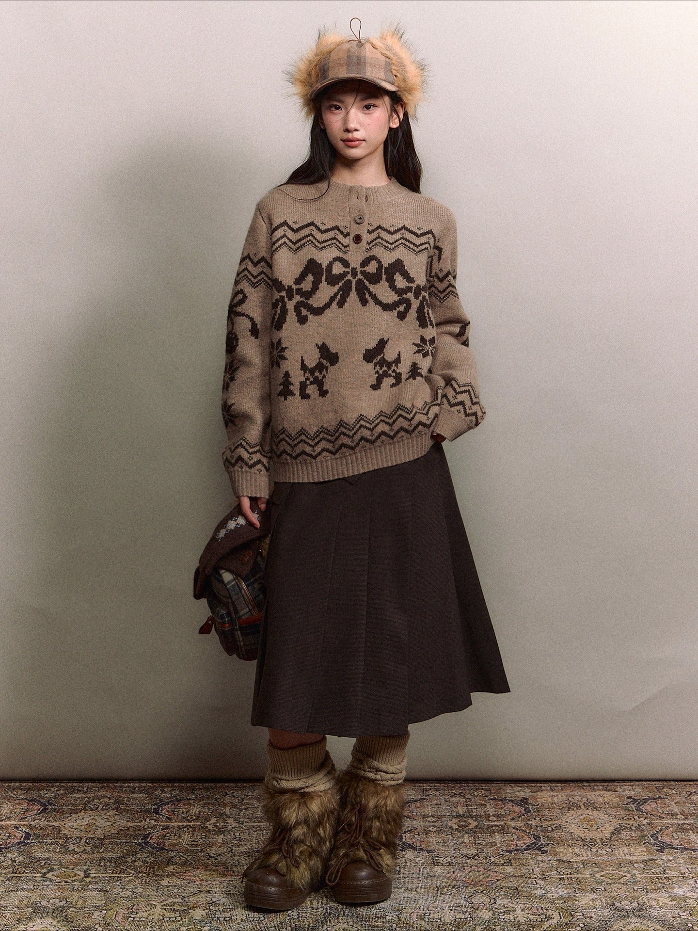 Fair Isle Bow Henry-Collar Sweater