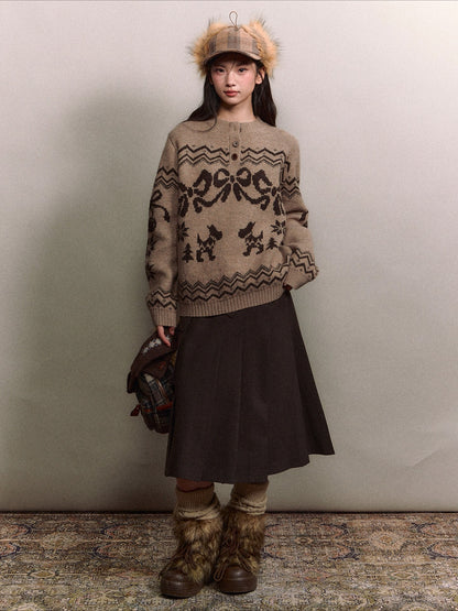 Fair Isle Bow Henry-Collar Sweater