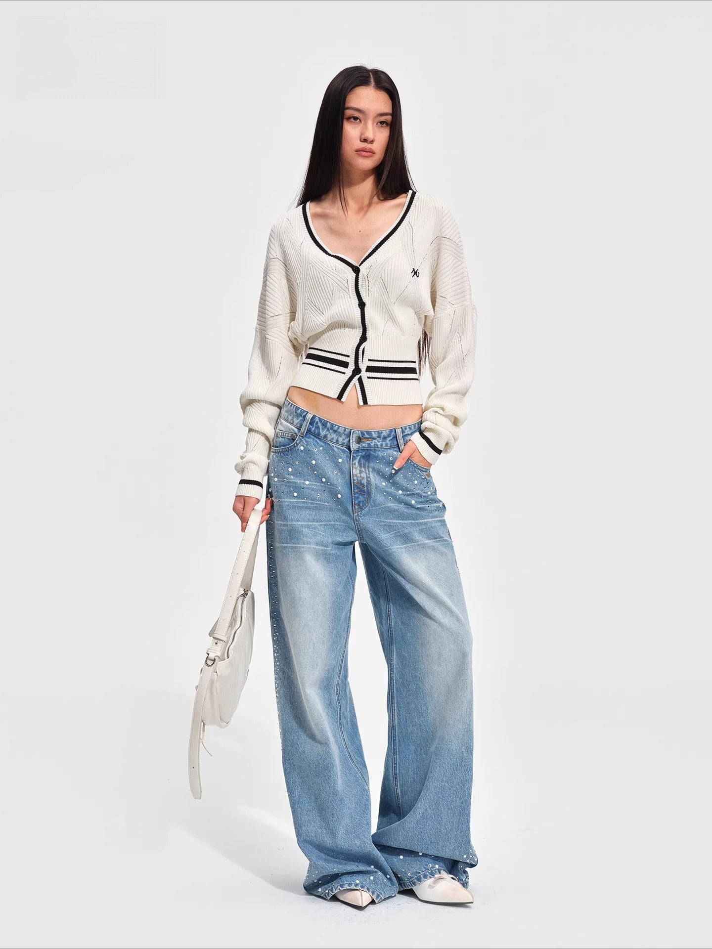 Low-Rise Wide-Leg Rhinestone Denim Pants
