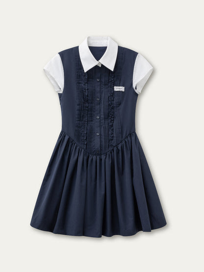Miu-style Fake Two-piece Navy Blue Dress