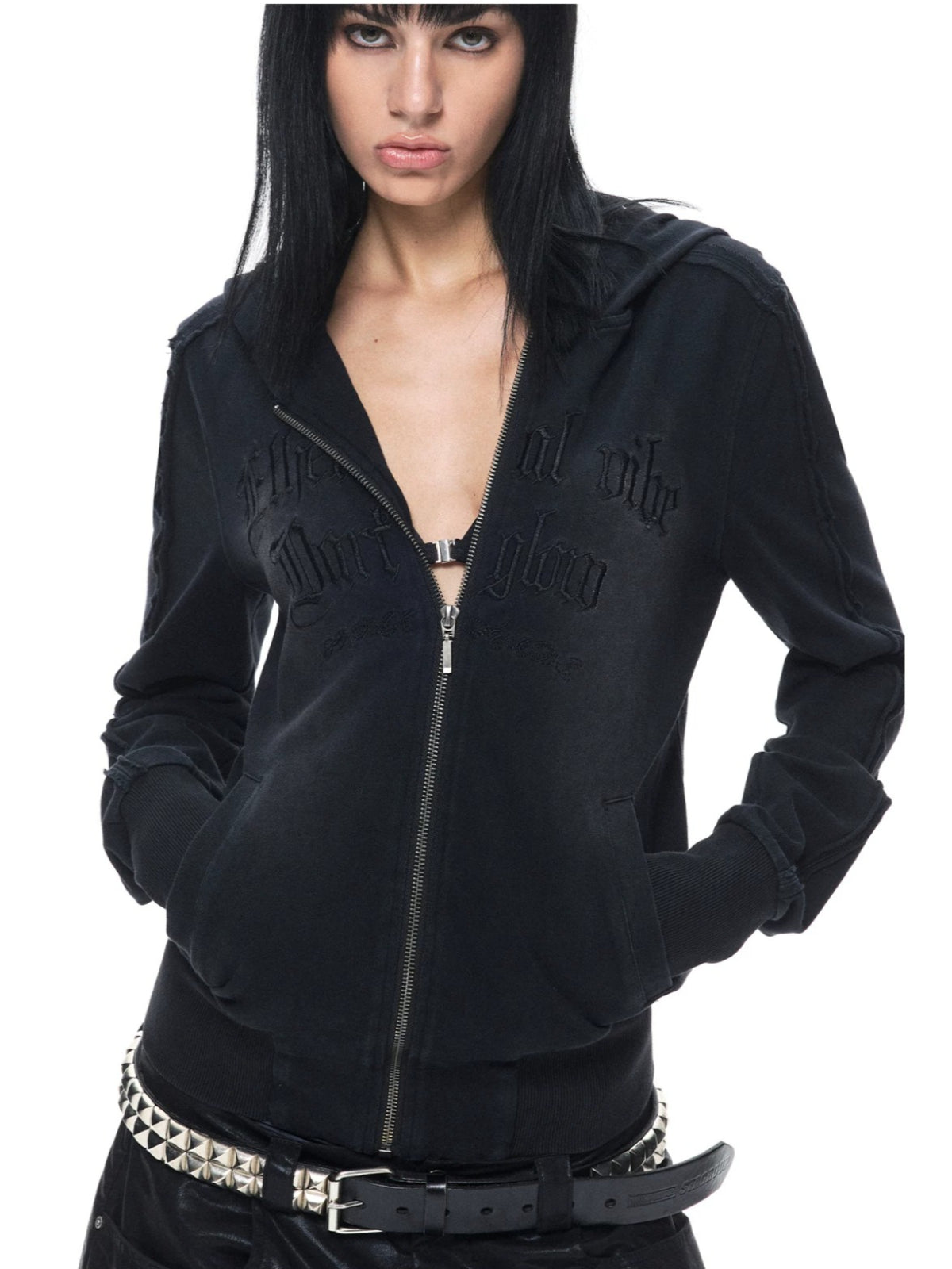 Washed Embroidered Zip Hoodie