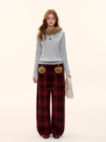 Red Plaid Wool-Blend Drawstring Wide-Leg Pants