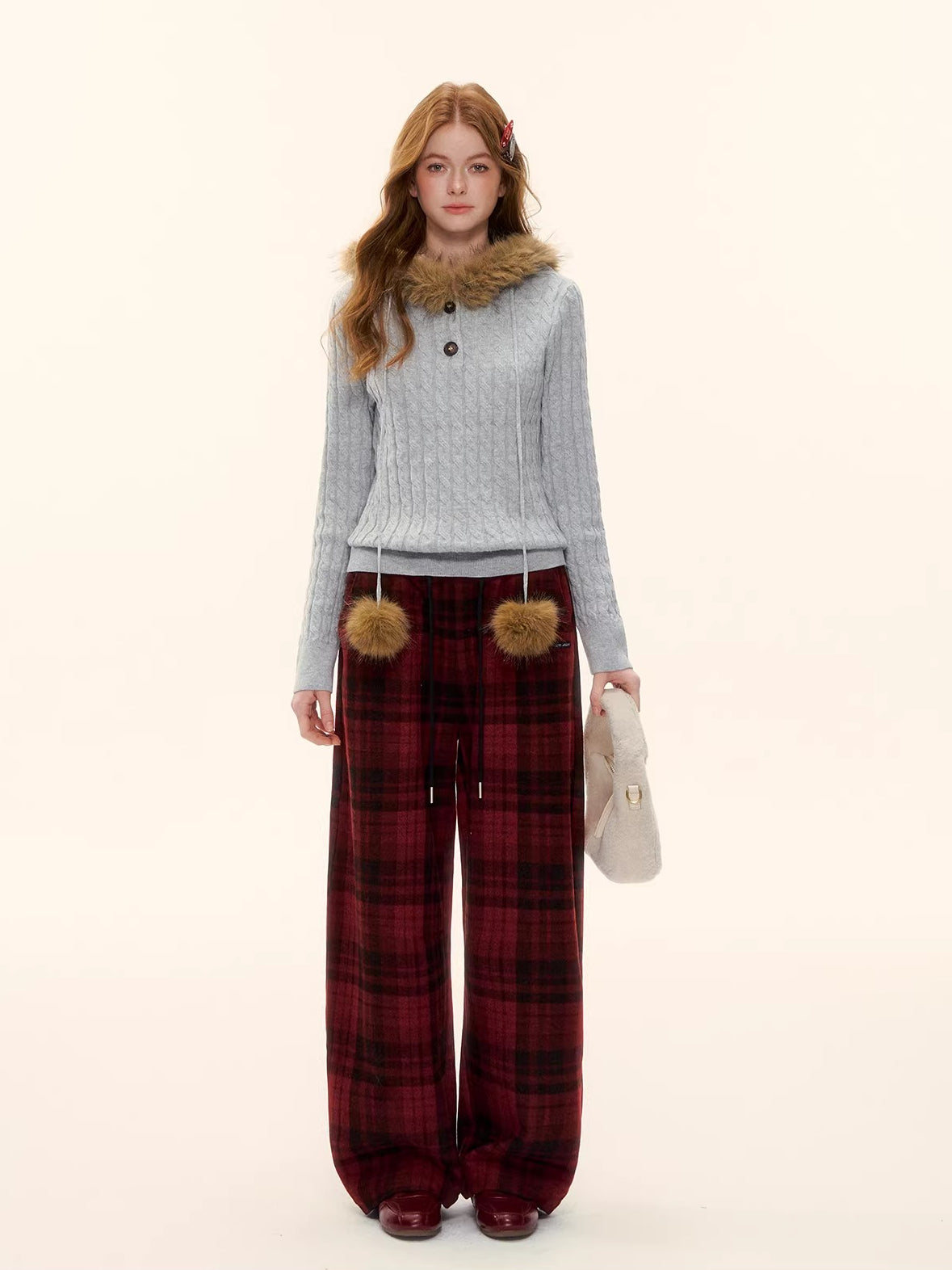 Red Plaid Wool-Blend Drawstring Wide-Leg Pants