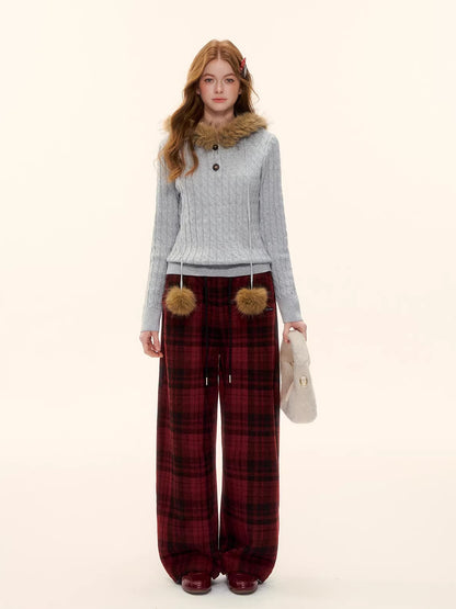 Red Plaid Wool-Blend Drawstring Wide-Leg Pants