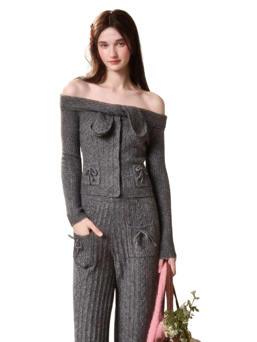 Velvet Bunny Wool Cloud Off-Shoulder Knit Cardigan &amp; Pants Set