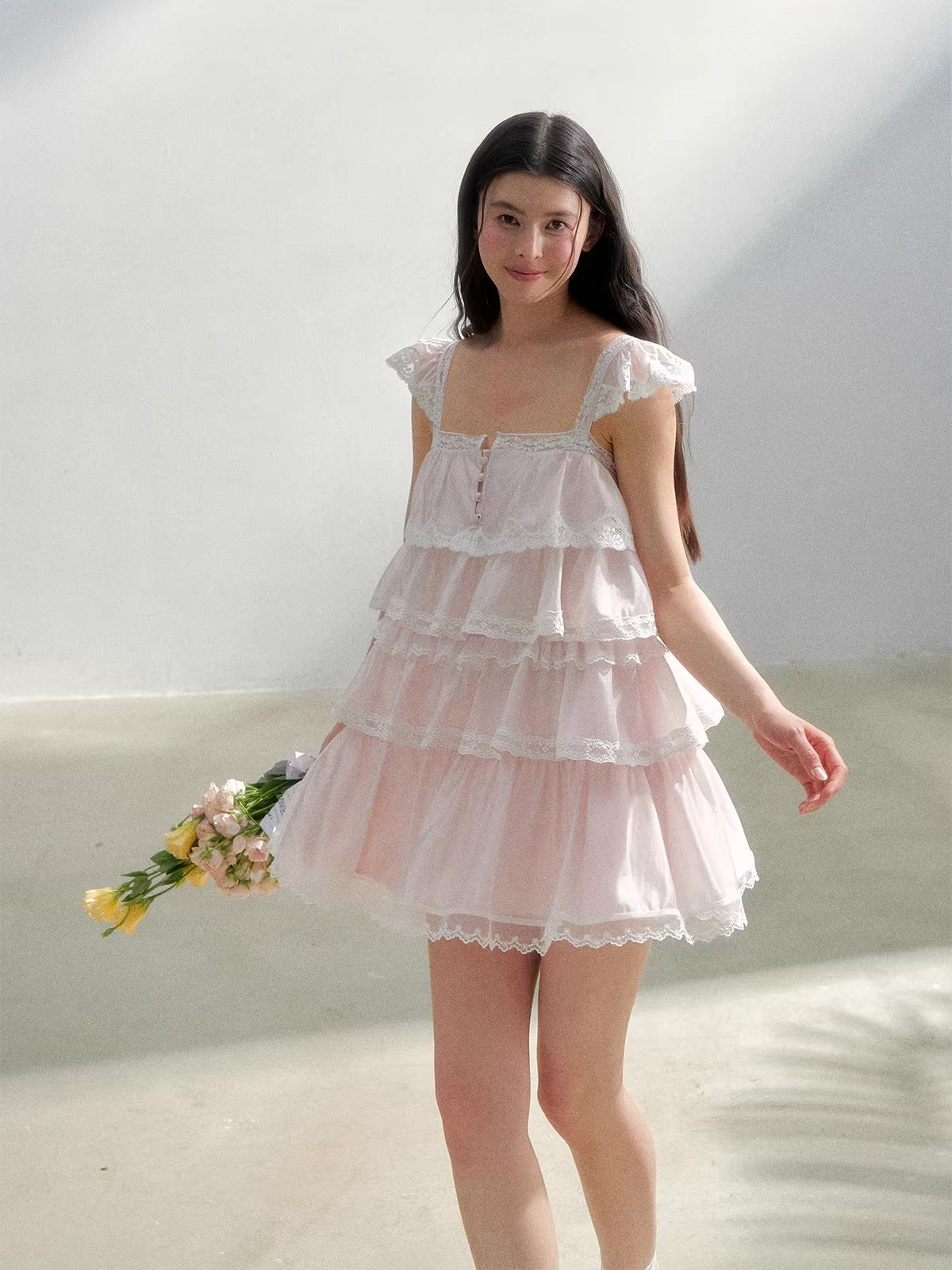 Pink Tulle Tiered Mini Dress