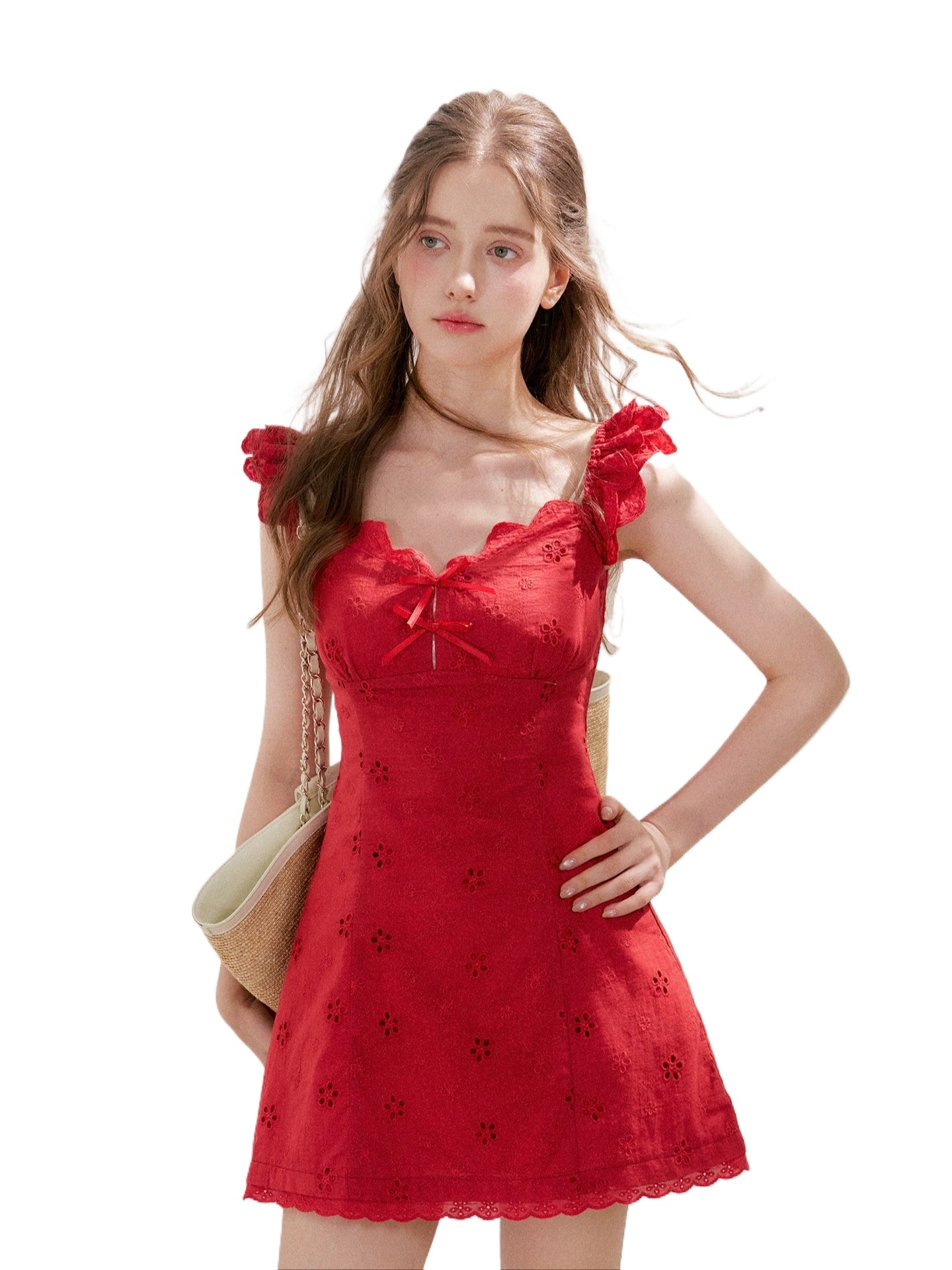 Red Embroidered Ruffle Dress