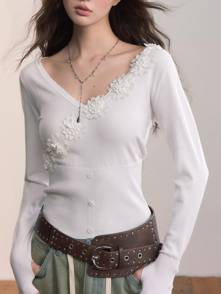 3D Floral Ribbed Waist-Fit T-shirt
