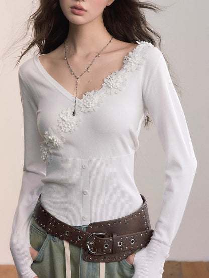 3D Floral Ribbed Waist-Fit T-shirt