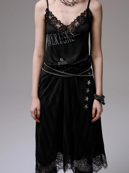Satin Letter Print Spliced Lace Slip Midi Dress