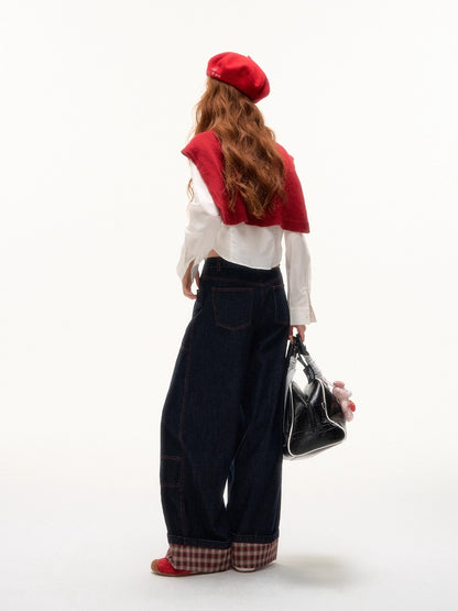 Yellow &amp; Red Plaid Hem Denim Pants