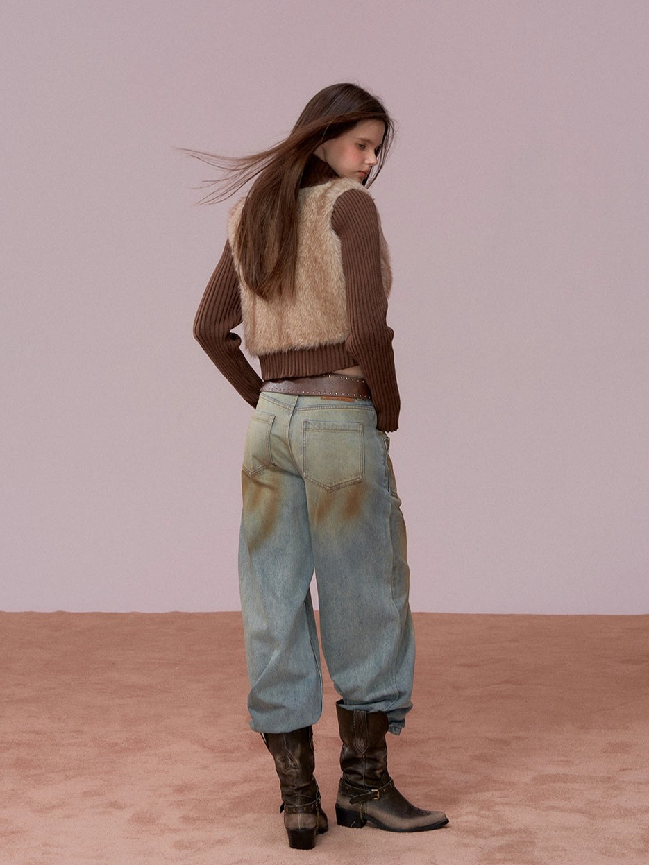 Faux Fur Panel Knitted Short Jacket