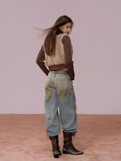 Faux Fur Panel Knitted Short Jacket