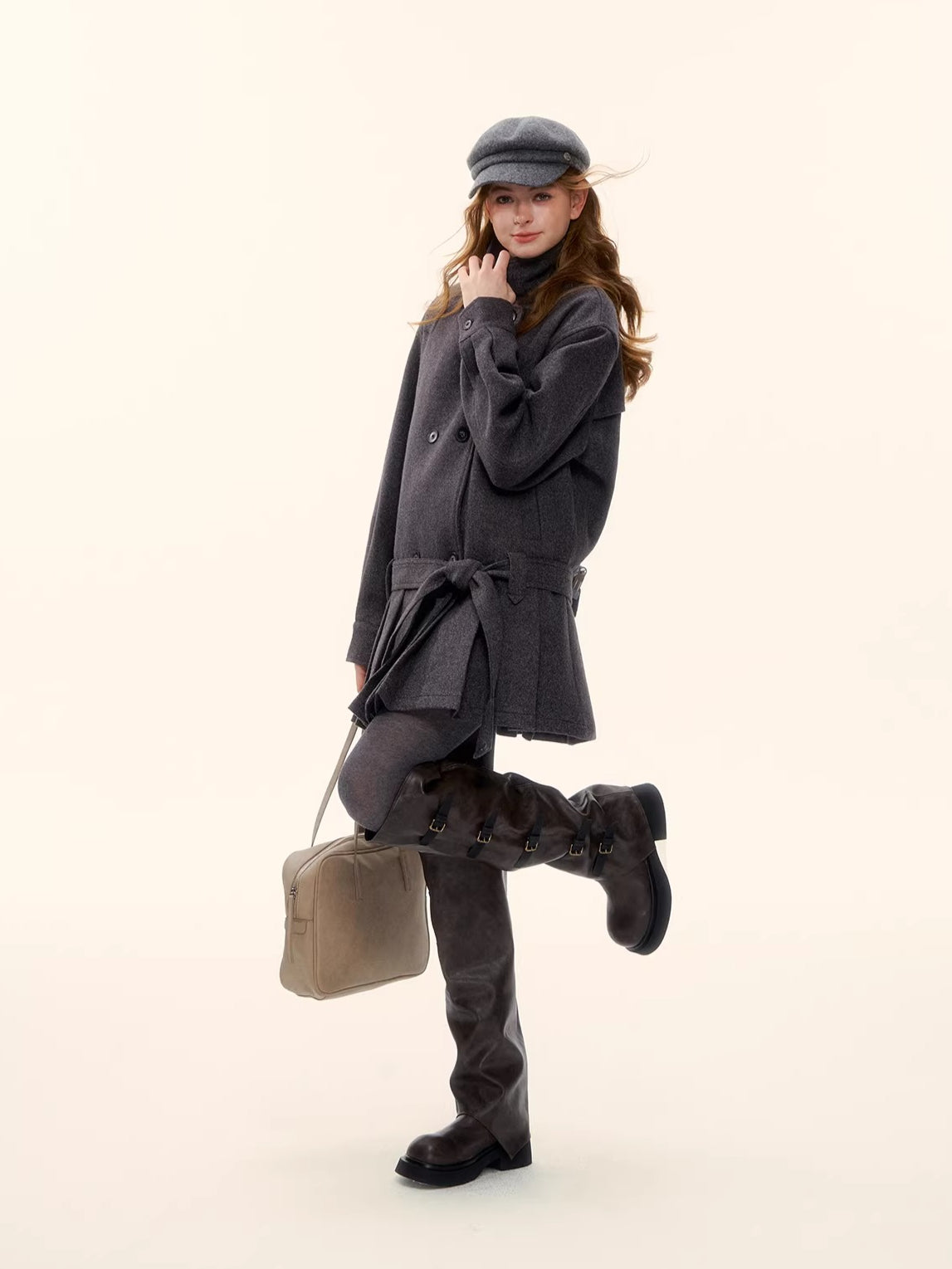 Double-Breasted Pleated Hem Wool Down Coat