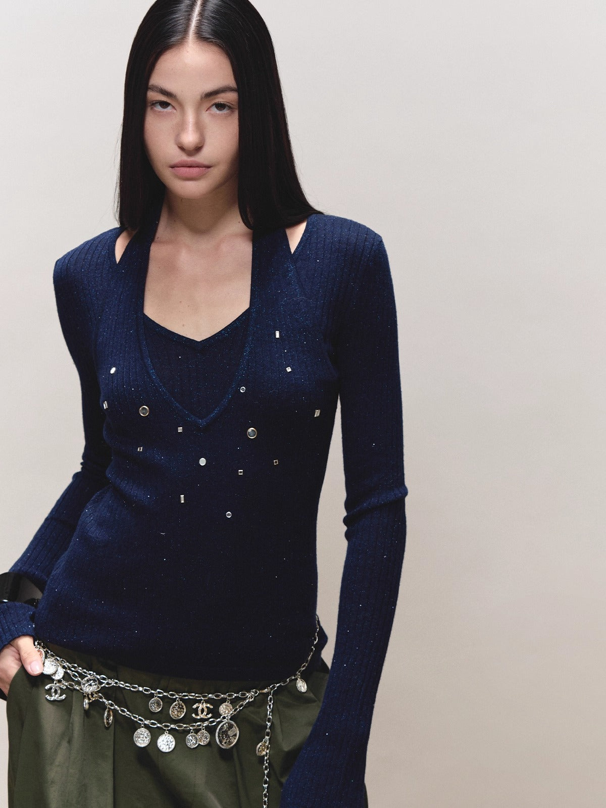 Wool Halter Sequin Long-Sleeve Top