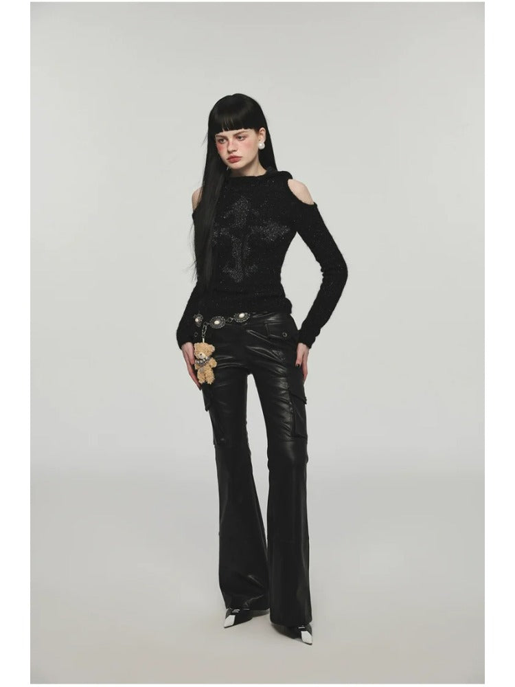 Mohair Off-Shoulder Knit Hoodie