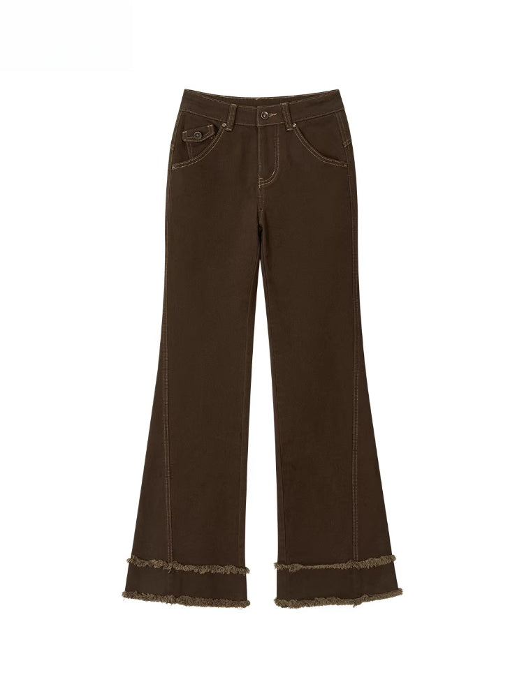 Ripped Hem Fitted Flared Denim Jeans