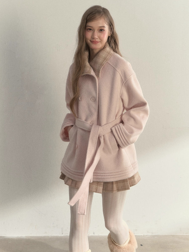 Plaid-Collar Double-Breasted Wool Coat