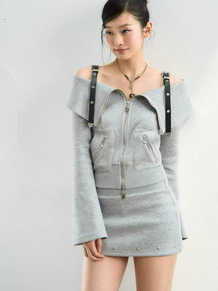 Off-Shoulder Sweatshirt Studded Skirt Set