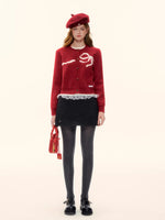 Bow Jacquard Crewneck Knit Cardigan