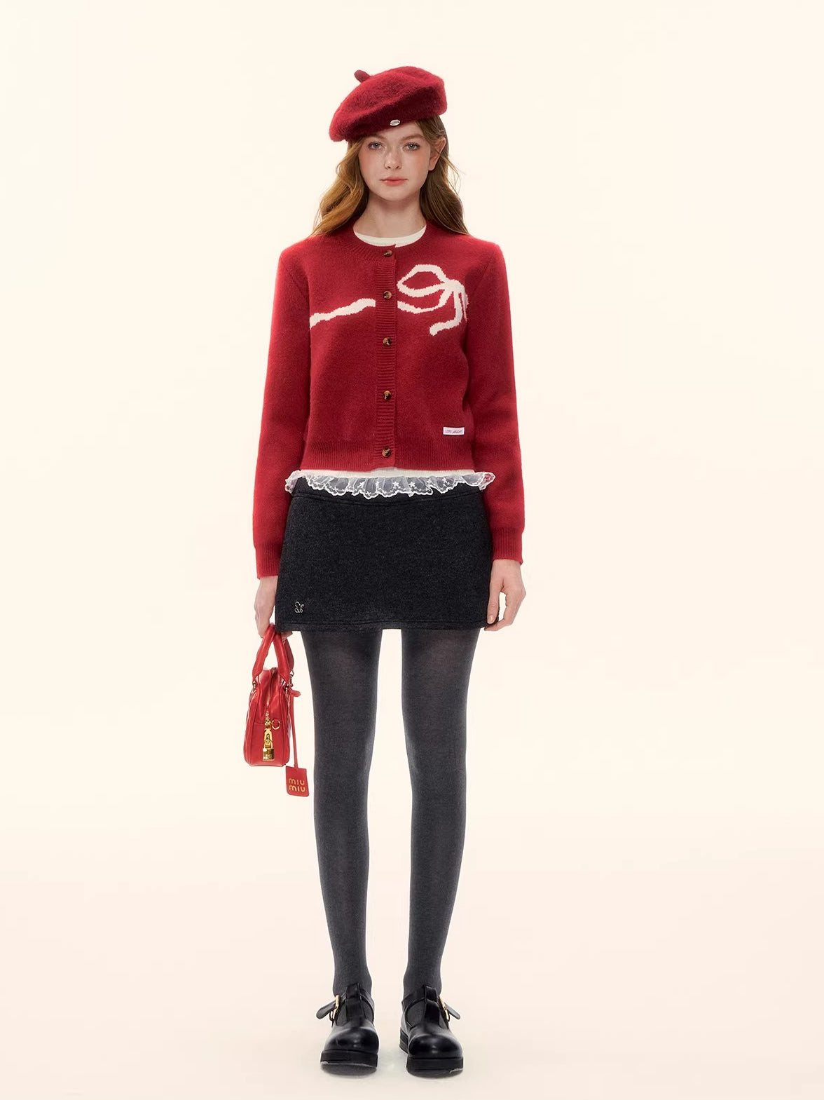 Bow Jacquard Crewneck Knit Cardigan
