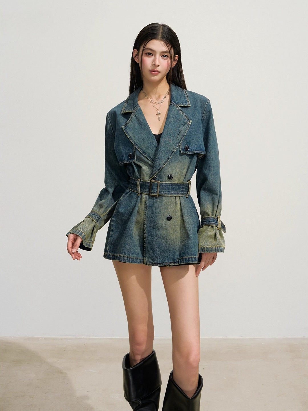 Double-Breasted Loose Denim Trench Coat