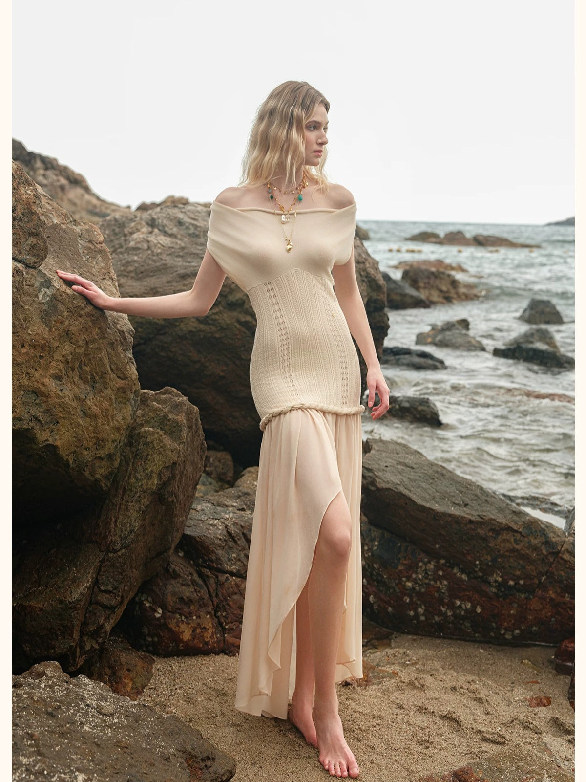 Halter Knit Chiffon Layered Dress
