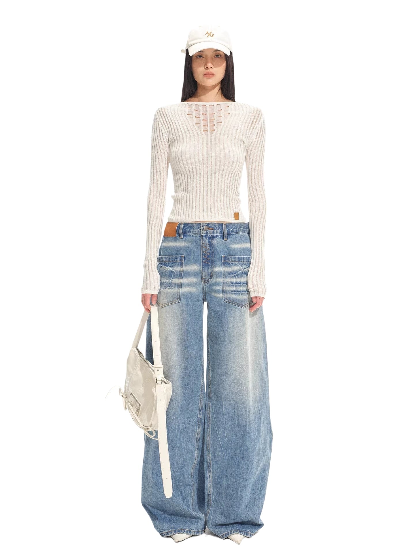 "Blue Ridge" V-Neck Openwork Knit Top