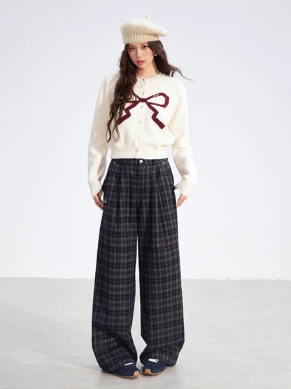 Gray Fleece Checkered Wide-Leg Pants