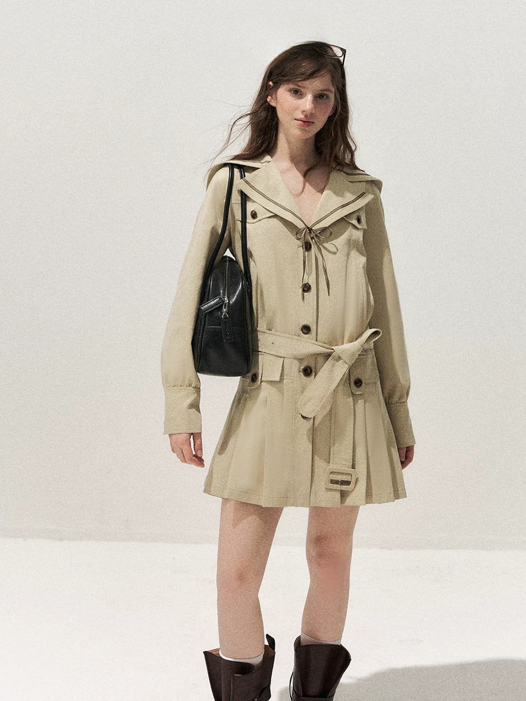 Sailor Collar Pleated Trench Coat