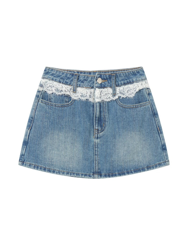 Blue Lace-Trim Denim Skirt
